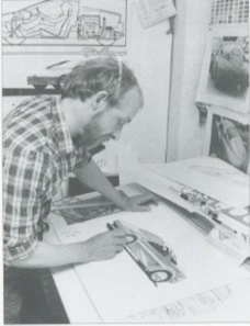 Richard Oakes drawing one of his designs